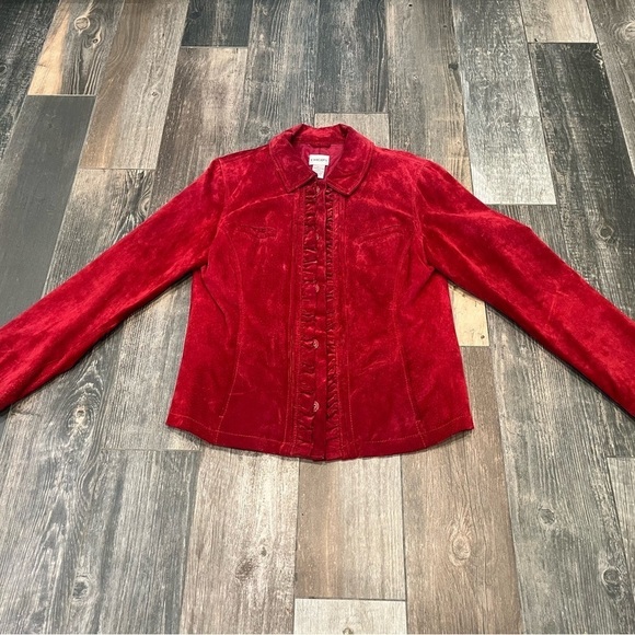 Chico’s Womens Suede Leather Jacket Sz 1/ US 8 Red Ruffles Button Closure - Picture 6 of 10